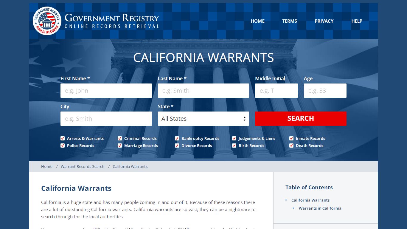 California Warrant Search - GovernmentRegistry.Org